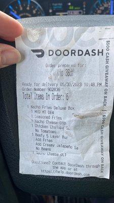 DoorDash receipt from the date the truck was in their possession.