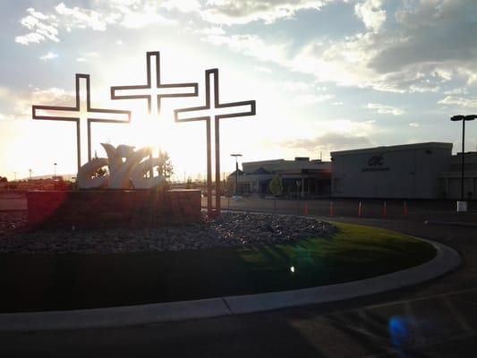 Recently built traffic circle featuring three crosses and the CVC logo.