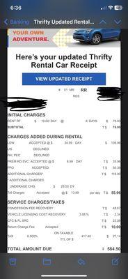 My final invoice from Thrifty. I agreed to the gas and toll charges however everything else was a hidden fee/scam!