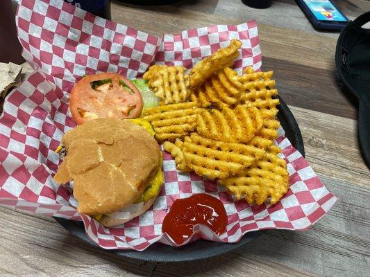 Cheeseburger, waffle fries.