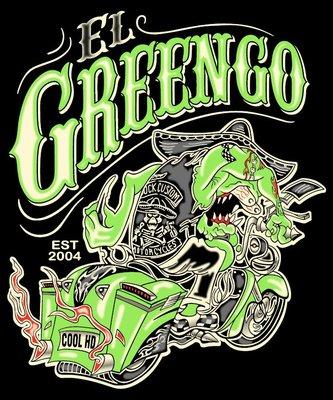 Our "El Greengo" t-shirt logo inspired by the full custom 2001 Ultra Classic we did for Brady. Check them out on our web store.