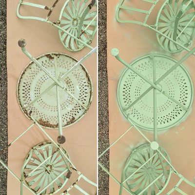 Cleaning & repainting an antique bistro set for a landscape client