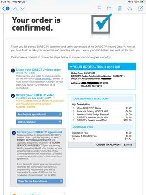 Same charge again for dish install after hiring another company to install the cable connecting the dish to the condo unit.