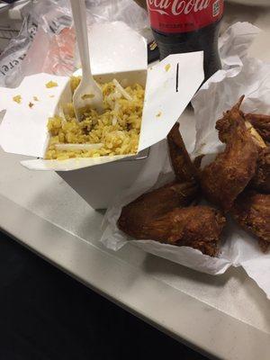 Beef fried rice and fried chicken wings