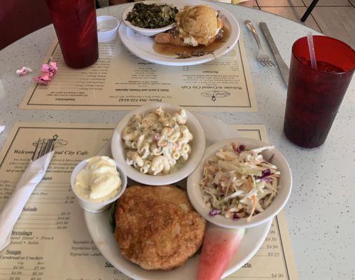 Salmon patty, macaroni salad, coleslaw, open face roast beef, mashed potatoes with gravy,  and kale,