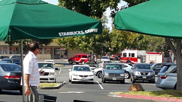 Fire trucks parked outside the laundromat