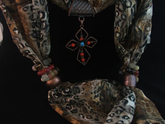 Jewelry Scarf - handmade, hand-beaded, poly brown animal print with cross pendant and copper and brown toned beads