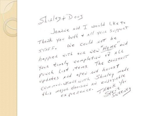 Pen written thank you note from our happy clients.