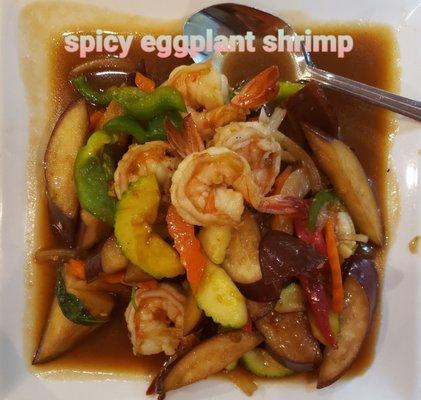 Eggplant, shrimp, carrots, squash, peppers and thai basil.