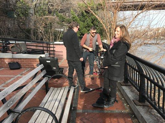 Crew setting up for a commercial shoot at the 59th Street Bridge