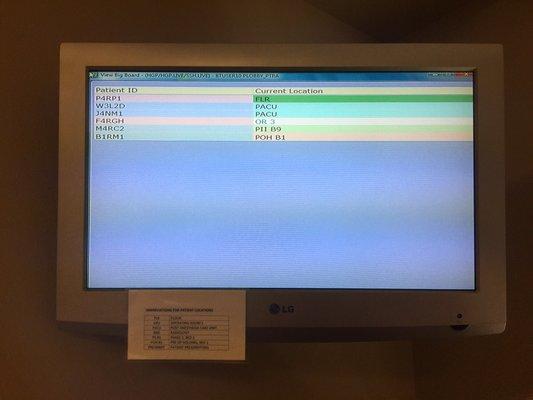 Monitor in the Family Waiting Area; no names just codes=discretion/privacy... Way cool