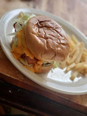 Flamethrower burger and fries