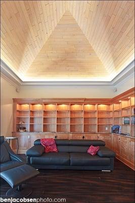 Interior Renovation, Custom Red Birch Casework, Bamboo Flooring, LED cove up-lighting, white-washed beadboard vaulted ceiling