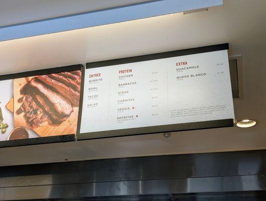 Inside. In-store menu as of Tuesday, September 10, 2024. Photo 1 of 2. Entree, Protein, and Extra.