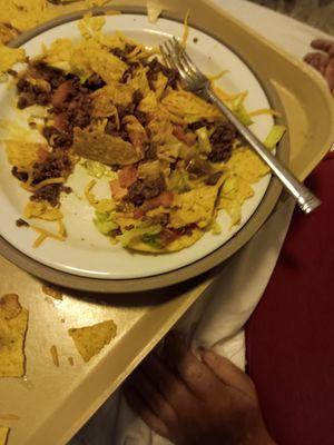 His dinner he is on soft foods but everyone get the same stuff. Ground beef, domino's chips,lettuce,tomatoes, cheese