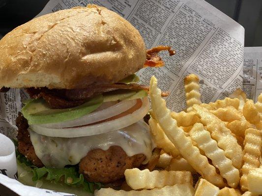 Hand breaded Fried Chicken sandwich w/Avocado, LTO, bacon, Pepperjack and a half order of fries.