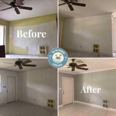 Crown molding and baseboard installation. Smoothing, primed and paint interior walls.