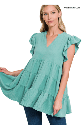 ZENANA RUFFLE SLEEVE TIERED TOP OLIVE GREEN
Small-XL