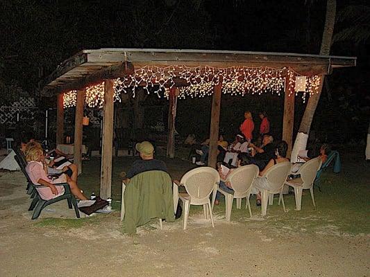 In the evening everyone sits under this covered tiki bar to swap stories and enjoy a few Adult cocktails