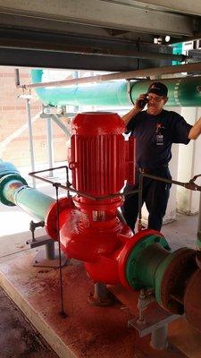 Cooling tower recirculating pump rebuilt and installed by Tim Slaybaugh and his team at Braden River High School.