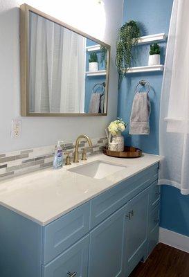 Backsplash Install. Vanity: Sherwin-Williams Breezy. Accent Walls: Sherwin-Williams Powder Blue. Main Wall: Sherwin-Williams Site White