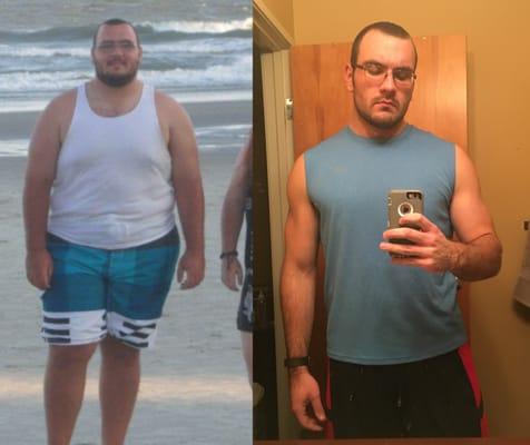 Pat's before and after having lost 150 lbs. and 15% body fat!