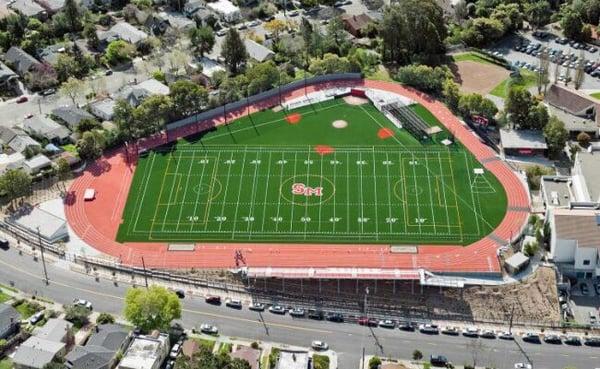 An aerial view of the new-ish turf field.