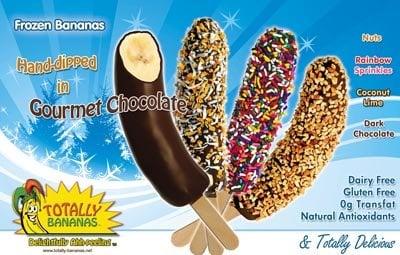 Our products - plain chocolate-dipped bananas, with coconut and a hint of lime, with sprinkles, and with peanuts.