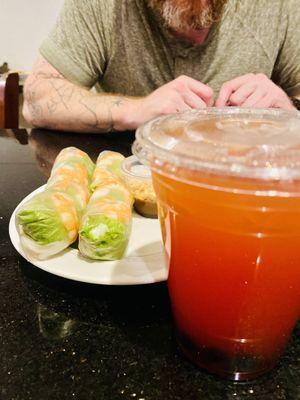 Shrimp Spring Rolls with Strawberry Green Tea with Boba