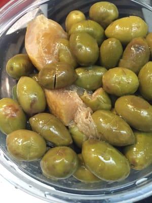 Green olives with preserved lemon. Very authentic and great for mezze