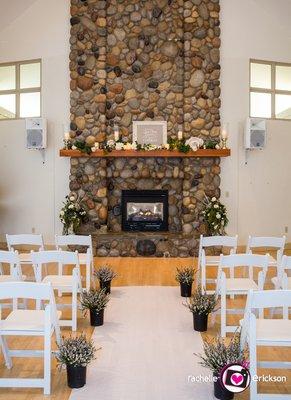 Sundin Room with beautiful river rock fireplace, open vaulted ceiling and lots of natural light - perfect for weddings and receptions