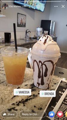 Customer sharing is on social media! She's having her tang tea and Chunky monkey shake