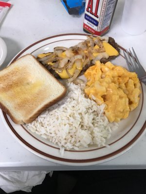 Hamburger steak, Mac and cheese, rice yummy