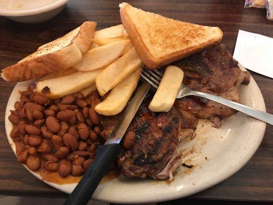 2 Pork Chops, Beans, toast, and fries for $9.20 special of the day