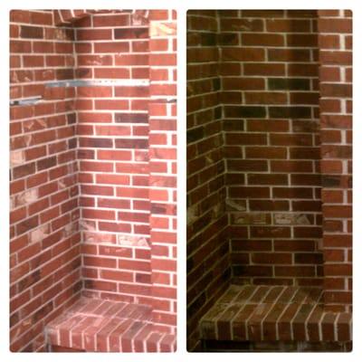 Brick Fireplace sitting on concete was raised and stabilized to its original position.