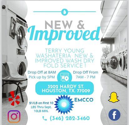 New and Improved Wash, Dry, Fold Service begins Monday September 4th, 2023.  Come by for all your Laundry needs!