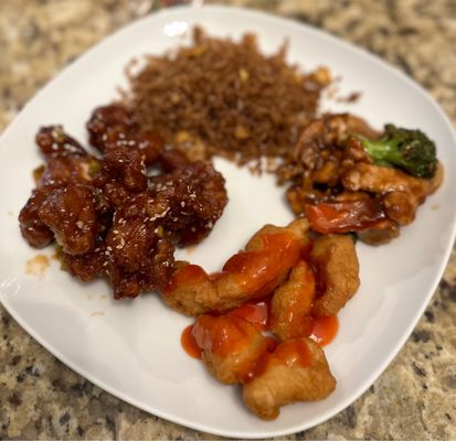 Sesame chicken, sweet and sour chicken, and chicken and veggies