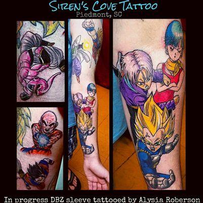 In progress Japanese DBZ (DragonBall Z) sleeve tattooed by Alysia Roberson at Siren's Cove Tattoo in Piedmont, SC!