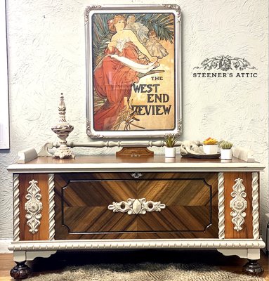 Refinished Lane Cedar Chest.  Veneer all sanded and paint accents added