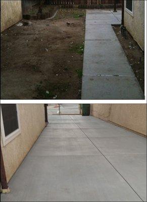 Side yard; dirt removed, new pipes placed to replace the existing drainage, old cement removed new cement placed &leveled to drain properly