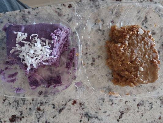 Left-Ube cake(purple yam), $5.99. Right-Biko(sweet sticky rice), $6.99.