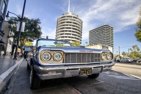 Lowrider in Hollywood in front of Capitol Records' building