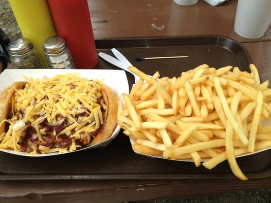 Chili cheeseburger and fries