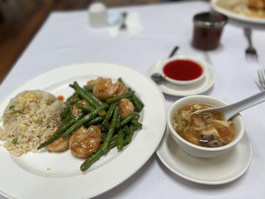 String beans with prawns Egg Flower Soup Egg Fried Rice