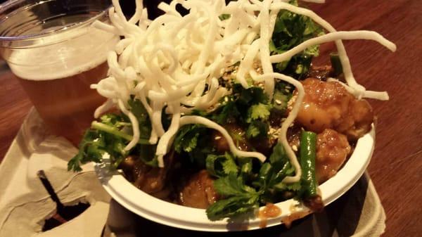 Crispy Chicken in Spicy Honey Glaze with Japanese Eggplant and String Beans over Shanghai Noodles