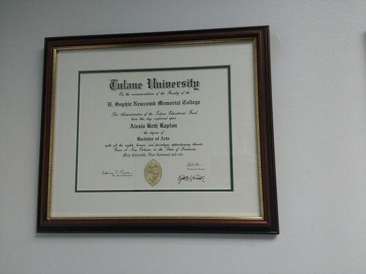 Tulane University, Newcomb College diploma for Alexis B. Kaplan.