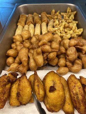 Appetizer: pork egg roll, cheese wontons, vegetable roll, sweet and sour chicken, fried plantains