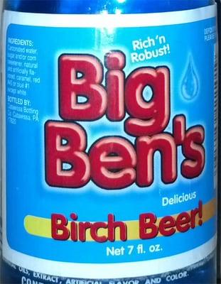 Label from bottle of Big Ben's Finest Blue Birch Beer.