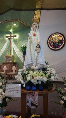 One of the 6 statues of Our Lady of Fatima blessed by Pope Francis.  She is the only one statue in North America.