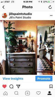 Custom painted Dresser with marble top.  Layered greys with distressing and lots of patina.